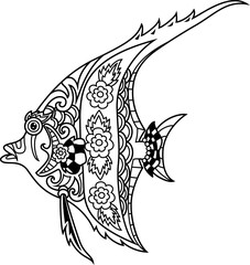 Obraz premium tattoo style black and white illustration of a fish art. Hand drawn fish tattoo.
