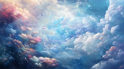 Fototapeta premium A serene landscape of vibrant clouds and colorful trees, evoking a sense of tranquility and wonder.