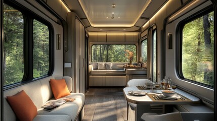 Luxurious Train Cabin Interior with Forest Views and Dining Table