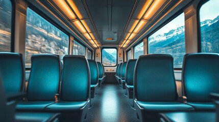 Empty Train Seats Facing Snowy Mountain View