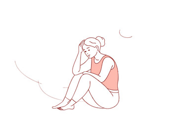 Worried Woman Sitting on Floor Line Drawing – Expressive Minimalist Art