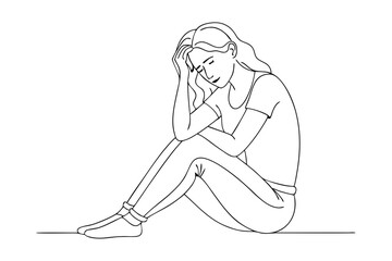 Worried Woman Sitting on Floor Line Drawing – Expressive Minimalist Art