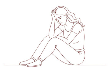 Worried Woman Sitting on Floor Line Drawing – Expressive Minimalist Art