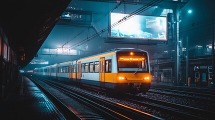 Naklejka premium A Night Train Departing from a Foggy Platform