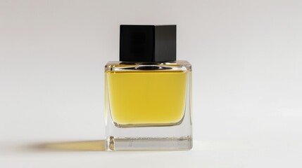 Yellow perfume in clear bottle, black lid isolated on white, no people