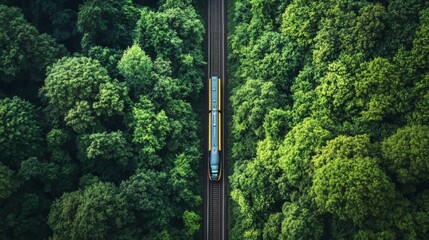 Obraz premium Aerial View of a Train Traveling Through a Lush Green Forest