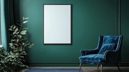 Fototapeta premium Poster mockup with vertical frames on an empty dark green wall in a living room featuring a blue velvet armchair