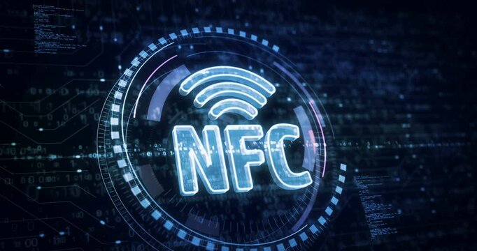 NFC wireless pay mobile phone payment symbol digital concept. Cyber technology and computer background abstract 3d.