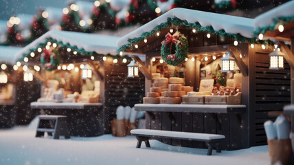 A cozy winter scene featuring charming wooden market stalls adorned with festive decorations, set against a backdrop of gently falling snow.
