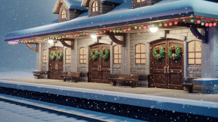 A beautifully decorated winter train station featuring a snowy landscape and festive wreaths on the doors, creating a cozy and inviting holiday atmosphere.