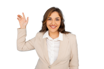 Young businesswoman pointing to featured product