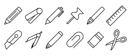 School stationery icon pack linear icons. vector pencil, stapler, paper clip, scissors, ballpoint pen, pin, ruler, chalk, compass, marker, eraser, school stationery on transparent background.