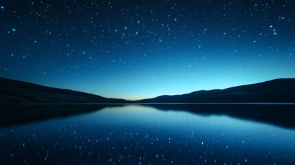 Night Sky Reflection in Calm Lake Water Surrounded by Silhouetted Mountains