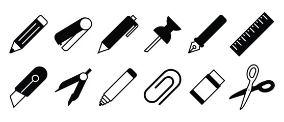 Office stationery icon pack flat icons. vector pencil, stapler, paper clip, scissors, ballpoint pen, pin, ruler, chalk, compass, marker, eraser, school stationery on transparent background.