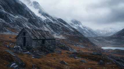 Remote stone cabin in misty mountain valley with rugged cliffs, snow, and overcast sky - Powered by Adobe