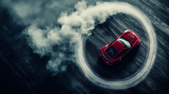 Aerial view of a red sports car drifting in a smoky circle on dark pavement