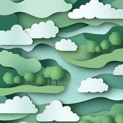 Fototapeta premium Abstract paper cut landscape with green hills, trees and clouds in a 3D style.