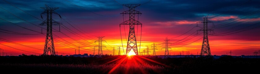 Vibrant sunset, silhouetted power lines, dramatic sky, orange and blue contrast, industrial tranquility
