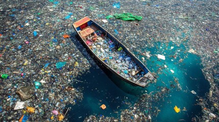 Fototapeta premium A Boat Filled With Plastic Debris Floating in a Sea of Pollution
