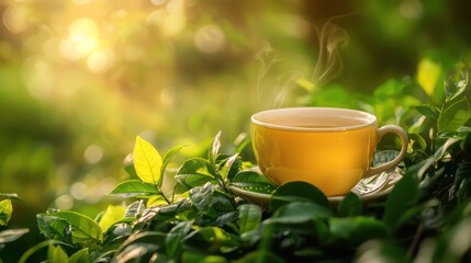 Relaxing Green Tea: A serene cup of green tea surrounded by fresh leaves, capturing the essence of relaxation and natural warmth.