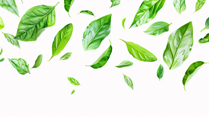 Green flying leaves isolated on a white background, ideal for fresh, eco-friendly, or beauty product concepts