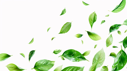 Green flying leaves isolated on a white background, ideal for fresh, eco-friendly, or beauty product concepts