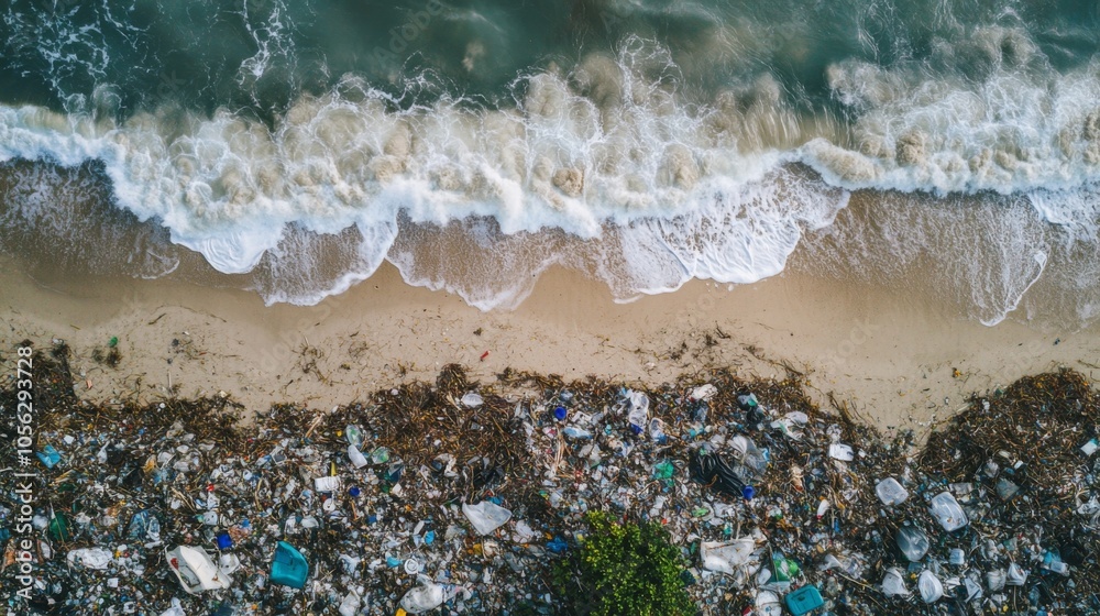 Wall mural An Overhead View of a Beach Covered in Plastic Pollution with Waves Breaking in the Background