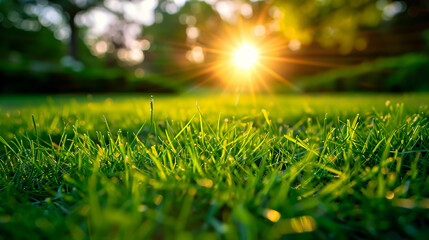 Naklejka premium Green grass with sunset views