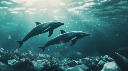 Naklejka premium Two Dolphins Swimming Through a Sea of Plastic Pollution