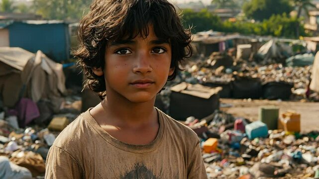A young boy stands in a slum, looking directly at the camera