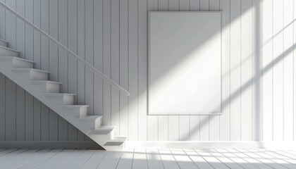 Scandinavian Style Interior with Mockup Poster and Clean White Wood Stairs
