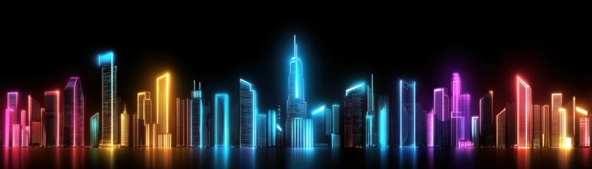 A city skyline is lit up in neon colors The concept of loan business, Innovation, and future.