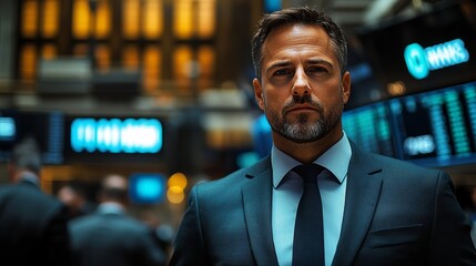 A medium shot of a focused businessman in a sharp suit in the Stock Market or Stock Exchange, surrounded by digital screens and stock tickers