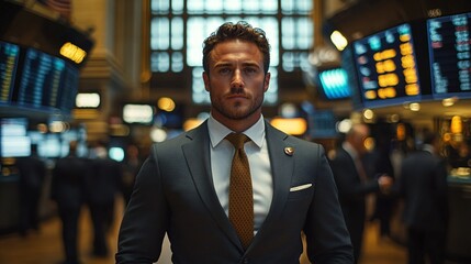 Fototapeta premium A medium shot of a focused businessman in a sharp suit in the Stock Market or Stock Exchange, surrounded by digital screens and stock tickers