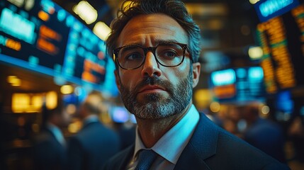 A medium shot of a focused businessman in a sharp suit in the Stock Market or Stock Exchange, surrounded by digital screens and stock tickers