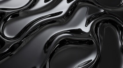 Shining black surface with abstract liquid patterns in 3D, modern luxury wallpaper