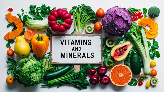 Various fresh vegetables and fruits with the signinscription vitamins and minerals
