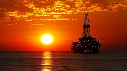 Obraz premium Offshore Oil Rig at Sunset.Concept of industrial strength, resource extraction, offshore engineering, energy production, environmental impact, global trade,Oil and gas industry, marine engineering, co