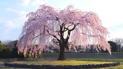 A beautiful weeping cherry tree in bloom, showcasing delicate pink flowers against a serene backdrop.