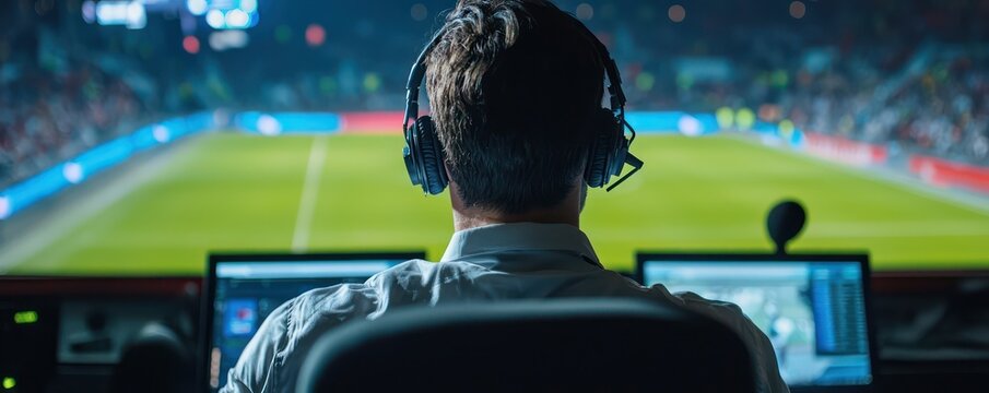 Soccer Game Commentary: A sports commentator at a soccer game in a broadcasting booth, focused on delivering live match insights.