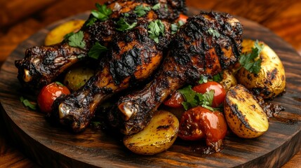 Rustic Grilled Chicken Drumsticks with Potatoes and Tomatoes.Concept of wholesome, hearty meals,Rustic, home-style cooking,comfort food,Barbecue and grilling cuisine,Healthy and balanced diet.