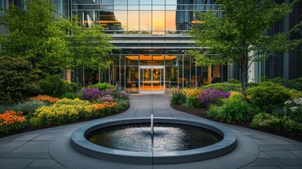Obraz premium A fountain is in the middle of a garden with a building in the background. The fountain is surrounded by flowers and bushes
