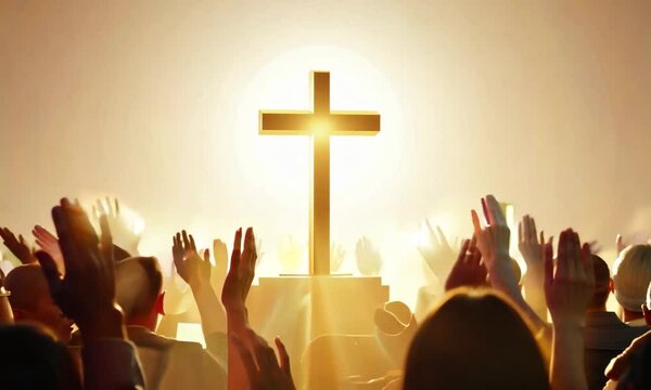 blur hands of a crowd of people at a Christian meeting during the glorification praise of God against the background of the cross 3d render