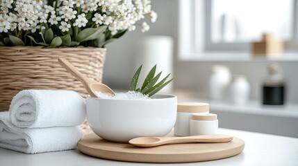 Fresh aloe vera gel sits in a white bowl alongside green leaves and a wooden spoon on a rustic tabletop, highlighting natural beauty
