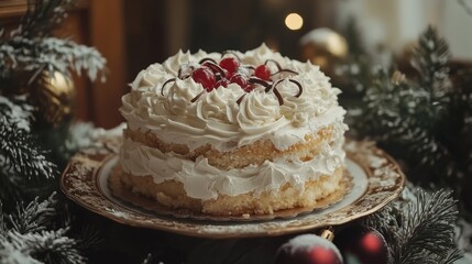 Detailed Elegant Christmas Cake, Cream and Chocolate Decor.Concept of holiday indulgence, festive desserts, winter celebrations, traditional Christmas treats.