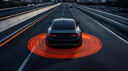 Autonomous Vehicle in a Cityscape:Collision Avoidance in Motion, Advanced Safety Features.Concept of technological advancement, safety, and efficiency,artificial intelligence applied to transportation