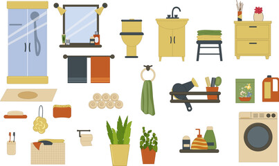 Bathroom - a set of design items. Shower cabin and mirror, towels and hygiene items. Sink and toilet. Laundry basket, soap and candles. Potted flowers and fragrance. Vector illustration