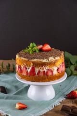Strawberry Cake in Rustic Style. Vertical photo