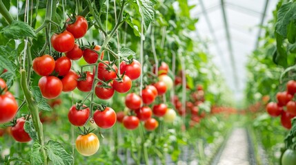 A panoramic view of a commercial hydroponic greenhouse, with rows of tomatoes suspended in air, growing in a controlled environment