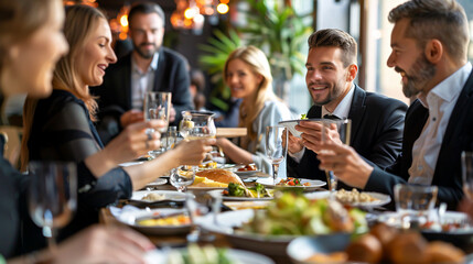 Group of happy business people dining in a restaurant
